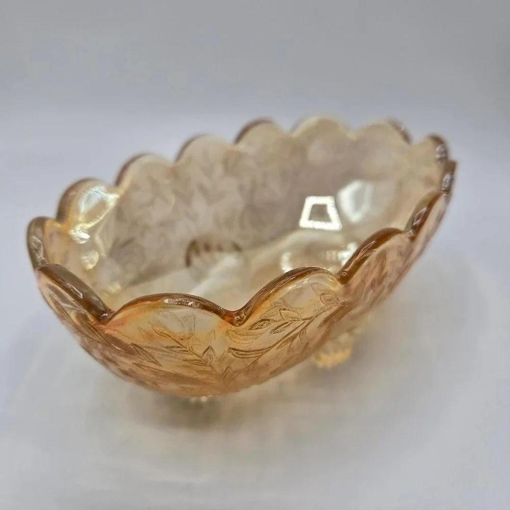 Vintage Jeannette Glass Floragold Louisa Pattern Small Oval 4-Footed Bowl EUC
